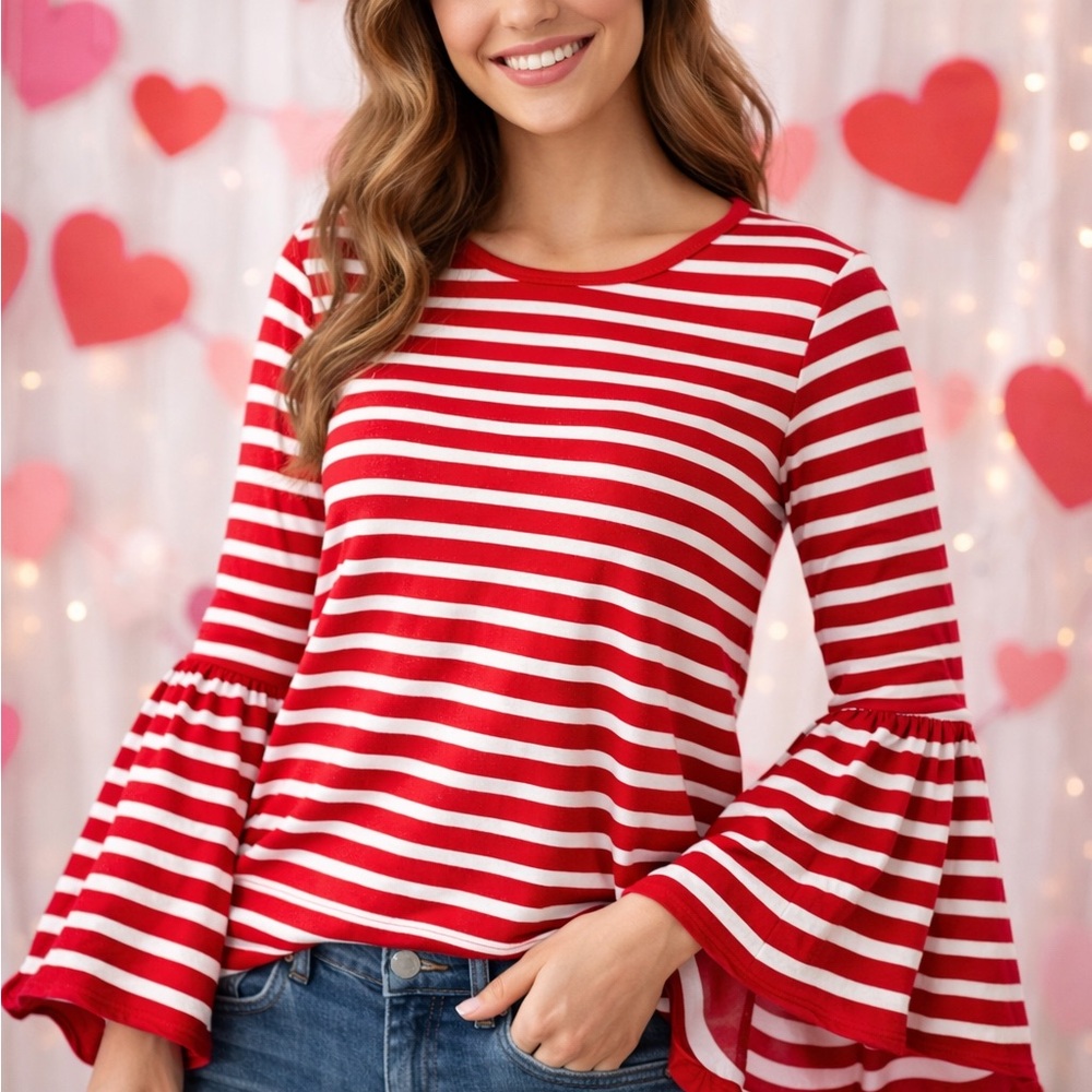 Regenbogen Red & White Stripe Bell Sleeve Top | Valentine’s Day | Size M